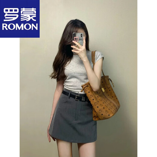 Falda corta de estilo Romon College para mujeres 2025 Nuevo primavera y verano Versátiles versátiles simples anti-exposición A-línea Cabalda gris delantera Media Gray S Winist 64cm