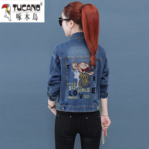 Veste en jean Woodpecker (Tucano) pour femmes Short Slim Slim Denim Top 2025 Spring and Automne New Korean Dark Blue Jacket 9901 # Style de paillettes brodé [Bleu] S [suggéré 80--100jin [Jin est égal à 0,5 kg]]]