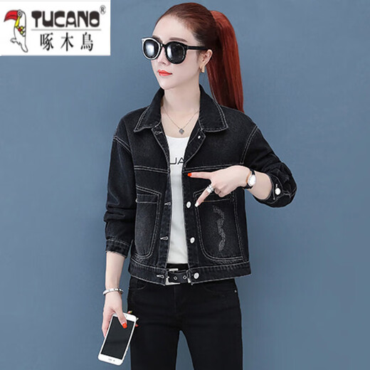 Veste en jean Woodpecker (Tucano) pour femmes Short Slim Slim Denim Top 2025 Spring and Automne New Korean Dark Blue Jacket 9901 # Style de paillettes brodé [Bleu] S [suggéré 80--100jin [Jin est égal à 0,5 kg]]]