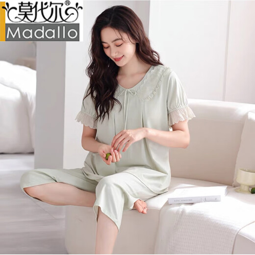 莫代尔2025新款睡衣女士夏季纯棉带胸垫一体短袖长裤家居服夏天薄款套装 嫩绿Y695 M