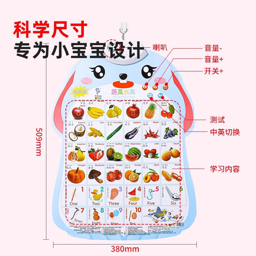淘气玩家看图识字识物宝宝儿童玩具认知语音启蒙早教墙贴发声有声挂图2岁 套装5水果+拼音+汉字+英文+学数