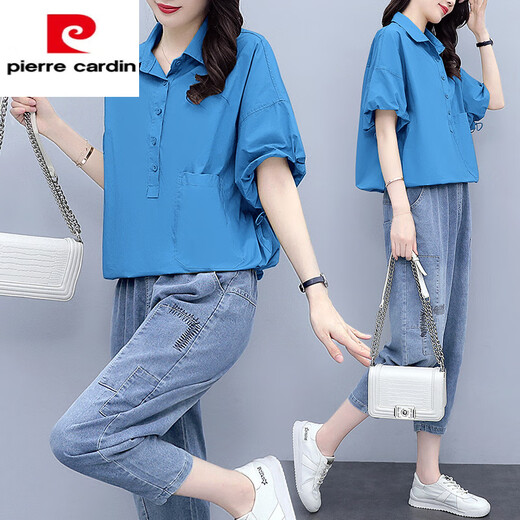 Pierre Cardin Versión europea Camisa Mujeres 2025 Summer Nuevo juego de camisetas de manga corta Top con traje de jeans 2 1429 White 2xl Women's Clothing 2022 New Set/Women's Summer Clothing