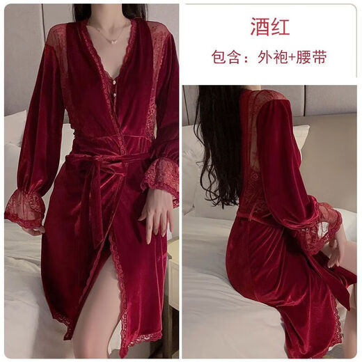 画枕眠（HUAZHENMIAN）连衣裙瑰若感蕾丝透视深V加垫甜美惑睡裙外袍丝绒家居服装3908 3879黑色（外袍+腰带）+睡裙 M
