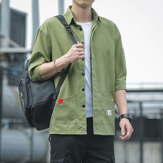 [Korean style workwear] Shirt men's seven-point long-sleeved loose trendy casual half-sleeved summer mid-sleeved top men 701 green 2XL