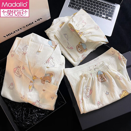 Modal green fresh pure cotton gauze pajamas for women in spring and summer short-sleeved student cute girl three-piece set home clothes Yunduo Cotton-9905# Black Love Three-piece Set M [Suggestion 75-100Jin [Jin equals 0.5 kg]]