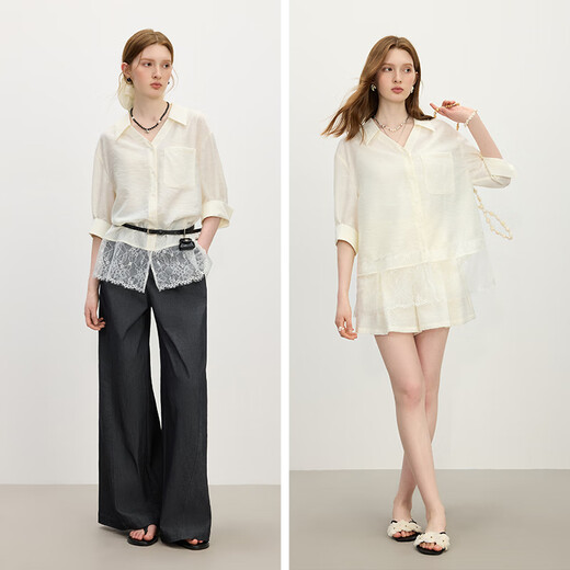 Fan Silan Bamboo Fiber Lace Spliced ​​Shirt Shorts Two-piece Set Women's Summer 2025 New All-match Set 2685/2540 Shorts M