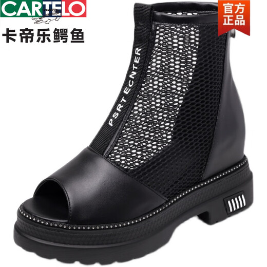 CARTELO crocodile (CARTELO) sponge cake thick-soled waterproof platform Roman sandals for women 2025 summer new style inner heightened mesh hollow sandals fish mouth shoes black 41