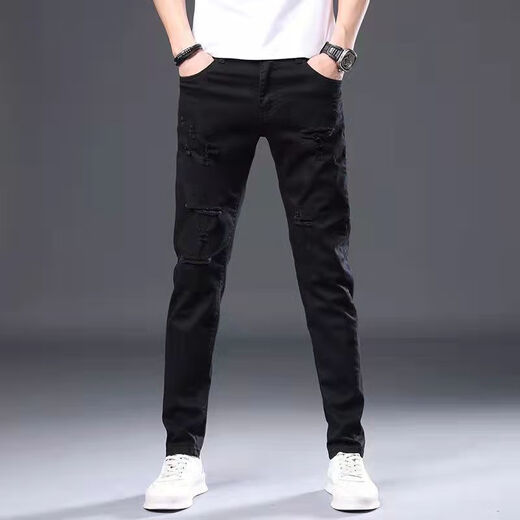 TTPMER Pantalons à neuf points Rippés Men de jean blanc court hommes Mens élastiques à la mode élastiques 9 points 2025 Black and Grey 1048 Pantalon neuf points QN [Élasticité élevée 27 taille = taille 2 pieds