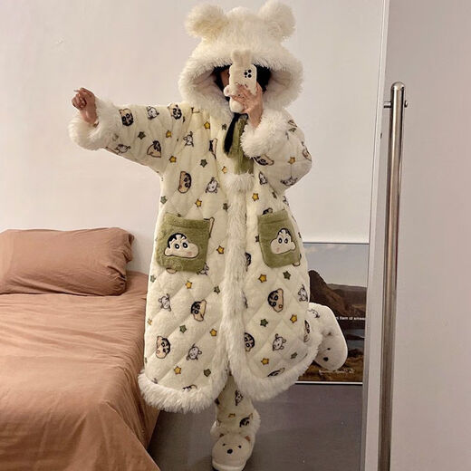 Modal thickened plus velvet three-layer quilted long nightgown for women autumn and winter pajamas coral velvet 2025 new winter warm 5319 coral velvet quilted robe + quilted pants M Recommended weight 90-100Jin Jin equals 0.5 kg