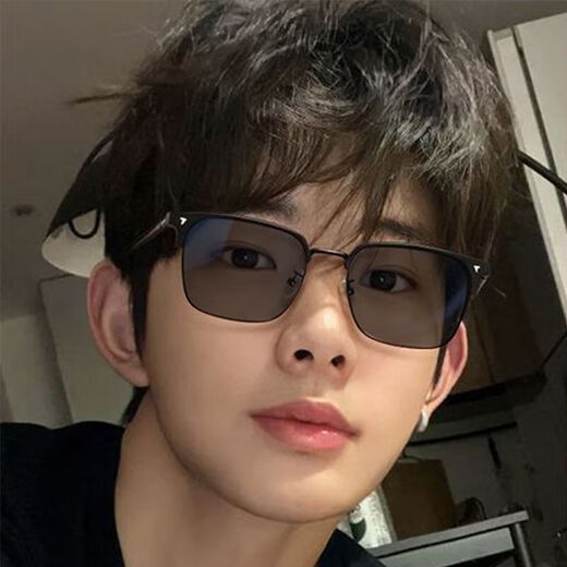 半框变色近视眼镜男可配度数痞帅理工男复古防蓝光辐射平光镜框架 磨砂黑【变灰色镜片】 平光镜【送镜盒镜布】