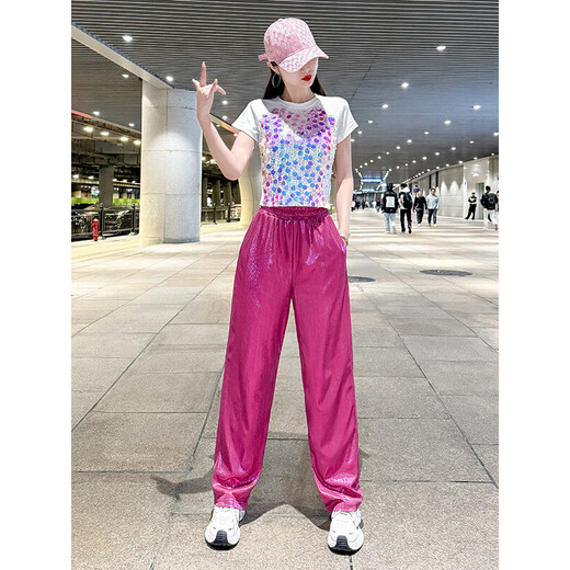 宿莱爵士舞服装女套装小个子2025款广场舞运动jazz跳舞夏季走秀演出服 玫红色潮酷亮面反光运动长裤6623 M