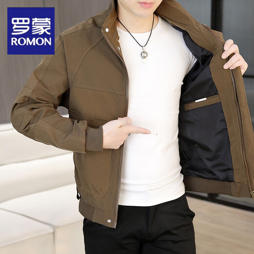 罗蒙（ROMON）夹克立领外套男士春秋季2025新款潮流宽松工装男款休闲百搭上衣服 9928款咖色 M 90-105斤