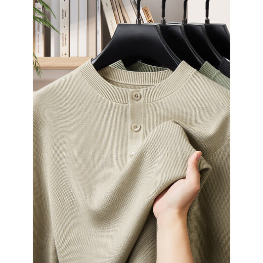 EMZ Ordos machine washable men's Henley collar long-sleeved sweater sweater autumn and winter heavy base top clay color M recommended 95-115Jin Jin equals 0.5 kg