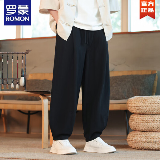 罗蒙（ROMON）亚麻休闲长裤男裤子中国风潮牌棉麻灯笼裤胖子宽松束脚裤阔腿垮裤 黑色 5XL