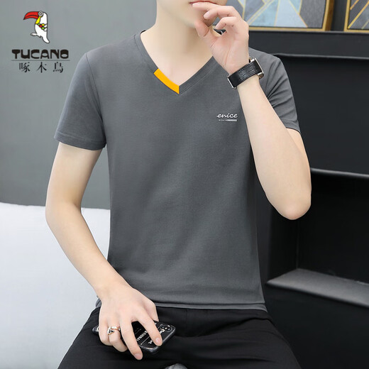啄木鸟（TUCANO）夏季新款男士纯棉V领半袖T恤潮流休闲小字母印花鸡心领短袖T恤衫 691 白色 M 90-100斤