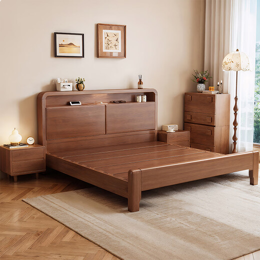 Youkaji mortise and tenon solid wood bed master bedroom double bed simple small apartment with night light charging full bed board 906 1.2m frame
