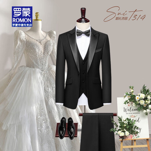 ROMON brand wedding suit groom wedding suit men's tuxedo handsome slim high-end banquet performance dress black lapel collar suit + trousers L