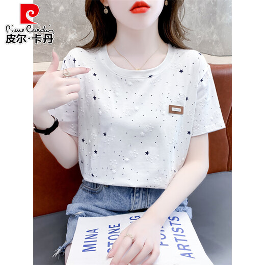 Pier Cardin Algodón puro Camiseta de manga corta para algodón de algodón para femeninos 2025 Nuevo diseño de cubierta de vientre suelta Tendencia de camiseta versátil Top 1396 Azul Meteor + 310 Red Love M Adecuado para 100-109Jin [Jin equivale a 0.5 kg]