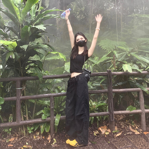 皮尔卡丹黑色降落伞美式工装裤女夏季新款百搭薄款休闲裤阔腿抽绳直筒裤女 6630藏蓝色 6630藏蓝色 XS