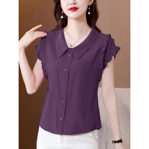 WVHK high-end light luxury chiffon shirt women's short-sleeved summer new style solid color versatile shirt loose slim top 6218 leather pink L (recommended 100-110 Jin Jin equals 0.5 kg)