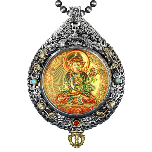 QIWN colorful gold and purple polished gold body hand-painted thangka pendant sterling silver male and female natal Buddha necklace hidden in the void Thousand-hand Guanyin Samantabhadra Colored gold and purple polished gold body-Thousand-hand Avalokitesvara Bodhisattva rat containing