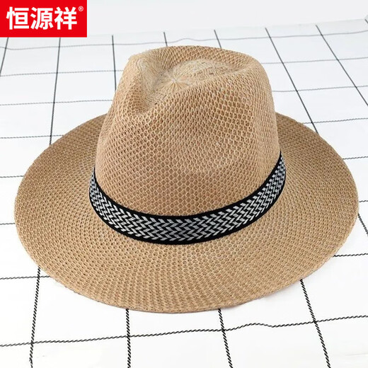恒源祥帽子男新款春夏季薄款透气老人礼帽中老年人夏天防晒遮阳太阳草帽 亚麻草帽卡其色