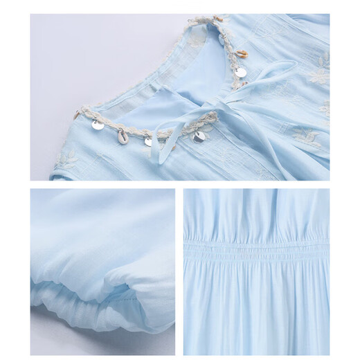 XAE luxury high-end brand short-sleeved dress for women 2025 summer new round neck embroidered vest small shawl set skirt blue L [recommended 110-120Jin [Jin equals 0.5 kg]]