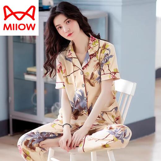 
Cat Man (MiiOW) middle-aged pajamas for women in summer pure cotton short-sleeved trousers cardigan floral mother style loose middle-aged and elderly home clothes Q9928# M (80-105Jin [Jin equals 0.5 kg] wear)