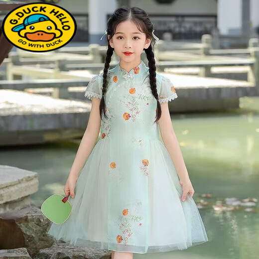 G.duck girls Hanfu dress 2026 new summer little girl Chinese style cheongsam princess dress summer children's dress thin gold 120
