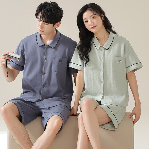 情侣睡衣夏季短袖棉短裤开衫翻领男女士韩版简约休闲套装可外穿 SN12701女12801男 XL 女
