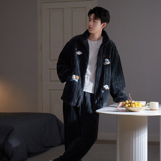 Mrs. Slee Sleep TIGHT couple pajamas winter women's 2025 new coral velvet thickened plus velvet cute zipper men can wear outside home clothes LYR91241-men's L