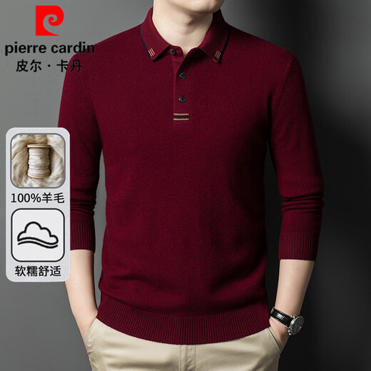 Pierre Cardin pure wool sweater men's autumn and winter lapel bottoming knitted T-shirt young and middle-aged warm 100% wool polo shirt