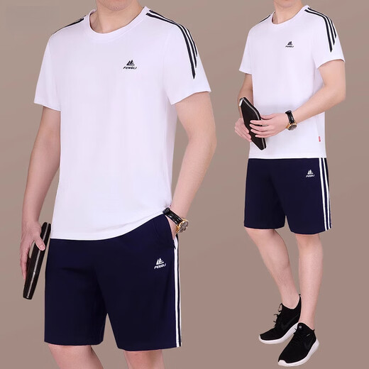 Hengyuanxiang Sports Set Men's Summer Short Sleeve Shorts Running Casual Sportswear Thin Round Neck Middle-aged Dad Summer Suit Set 9922 White (Short Sleeve Shorts) L [Suggested 100-120 Jin [Jin equals 0.5 kg]]
