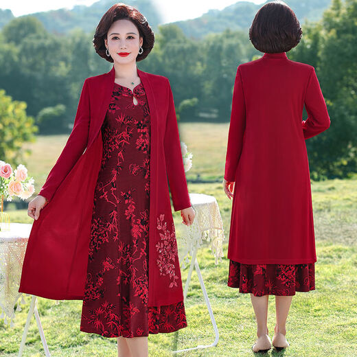 喜婆婆春夏中老年婚宴两件套连衣裙2024新款妈妈装礼服平时可穿女 9227红色假两件套 收藏加购优先发 XL
