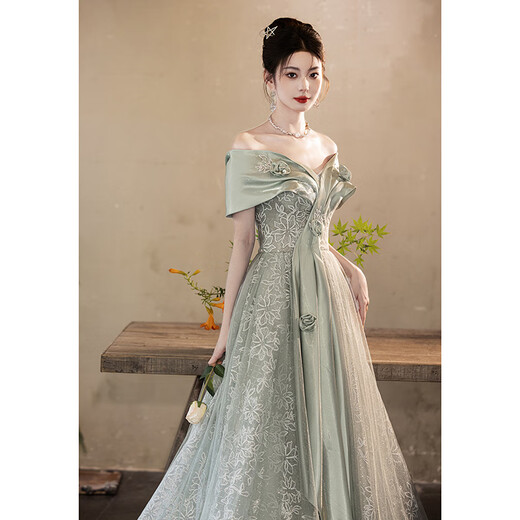 Fuling Art Examination Dress Music Student Piano Performance Evening Dress Evening Dress Women Light Luxury Niche High-End Beautiful Coming-of-Age Ceremony Green Champagne Gold Long Version