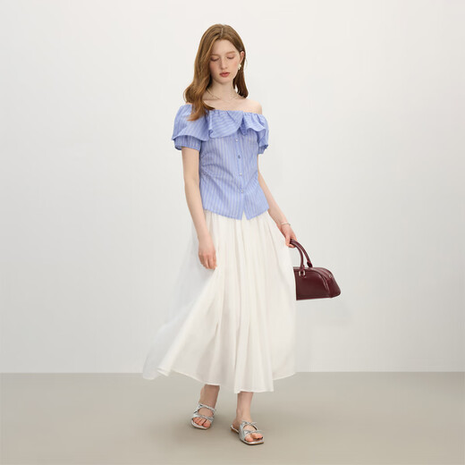 
Fan Silann can wear ruffled ruffles for two goddess-sensual slim short-sleeved shirt for women in summer 2025 new design top 2690 bright silk blue stripes M