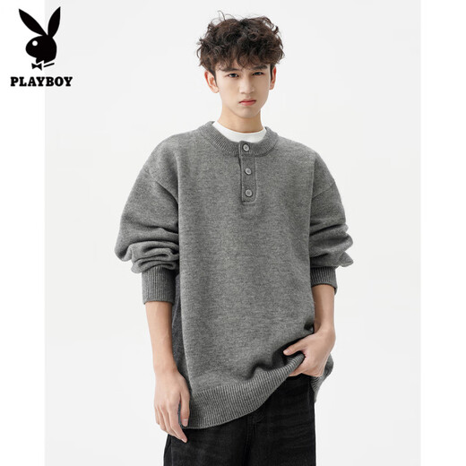 Playboy (PLAYBOY) American solid color Henry collar sweater men's autumn and winter new trendy brand-style sweater casual warm couple jacket light gray XL