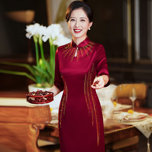 离境天旗袍2025新品五一喜婆婆参加婚礼服新款妈妈婚宴装高贵改良醋酸连 9712酒红色 L建议95-105斤 均码