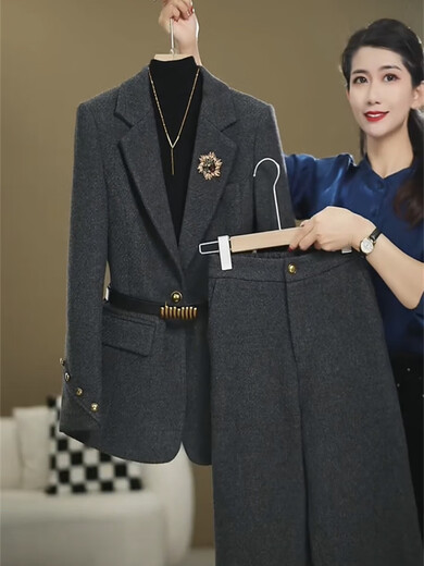 Woodpecker (TUCANO) High-End Internet Celebrity Woolen Suit Women's 2026 Winter Style Commuting Slim Jacket + Wide Leg Pants Dark Gray Suit Genuine Quality 2XL 120Jin Jin equals 0.5kg -130Jin Jin equals 0.5kg