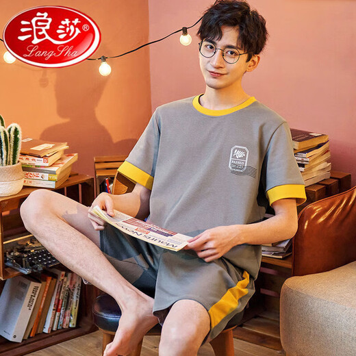 浪莎纯色棉夏季薄款睡衣男士外穿加肥大码夏天家居服短袖青年韩版套装 9928#(短袖短裤） L  【推荐95斤-120斤】