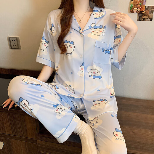 睡衣三件套女INS撞色花纹印花短袖家居服甜美风气质高级感可外穿 套KK14116 M 【建议80-100斤】