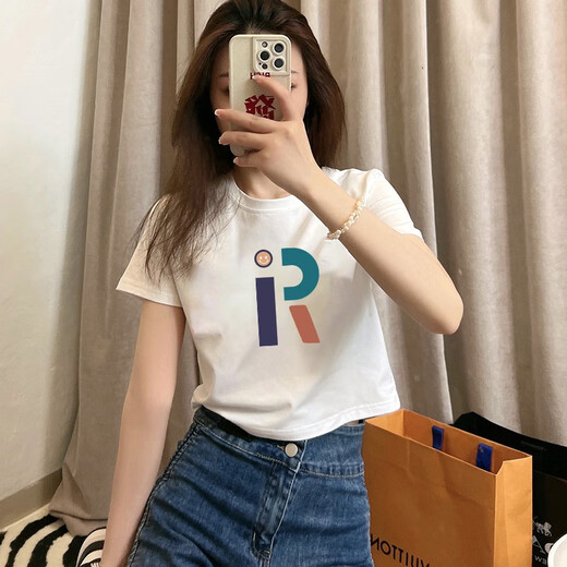 GTYUWVG白色正肩纯棉女士短袖t恤女装夏装2025新款印花修身高腰短款上衣 6189白色-短款 S 75-90斤