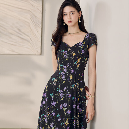 
ROEYSHOUSE French Puff Sleeve Large Sling Dress 2025 Summer New Temperament Beautiful Printed Mid-Long Dress 12107 Color XL