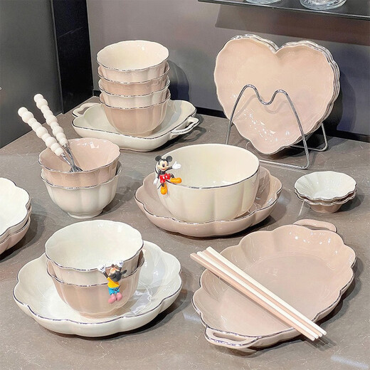 Songjia Underglaze colored bol maison Nouveau bols d'assiette en céramique bols et baguettes combinaison ménage de créneaux de ménage bols de vaisselle et assiette à l'or 4 à 6 personnes Boîte cadeau alimentaire 1355