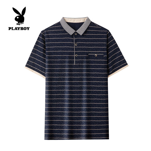 花花公子（PLAYBOY）品牌男士短袖t恤中老年纯棉翻领大码Polo衫爸爸夏装半袖上衣 蓝色 6628 真口袋 M 165【适合120斤以下】