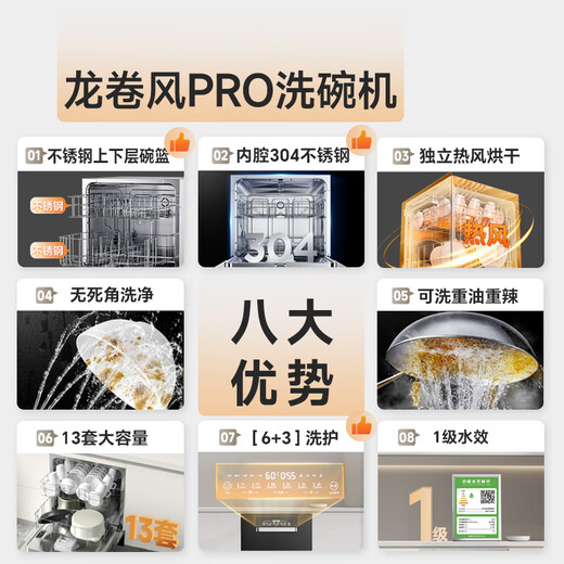 Canbo dishwasher built-in home dual high-temperature spray UV sterilization 100 hot air drying first-class water efficiency kitchen built-in dishwasher disinfection machine XWJ13-QB06 13 sets 304 stainless steel liner