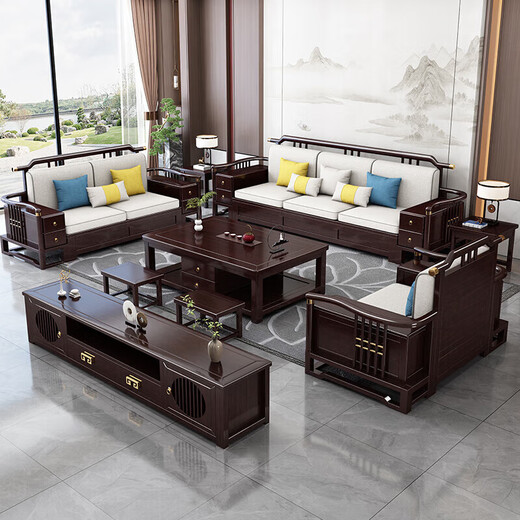 Wenting Yayuan Solid Wood Sofa Living Room New Chinese-style Storage Guifei Fabric Combination Light Luxury Small Apartment Furniture 9906 [Combination] 1+2+3 [Storage] Cotton and linen cover