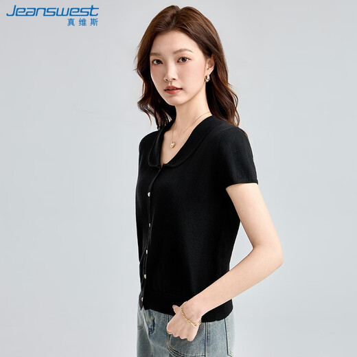 真维斯针织衫女夏季外套短款短袖单排扣显瘦开衫上衣女黑色均码