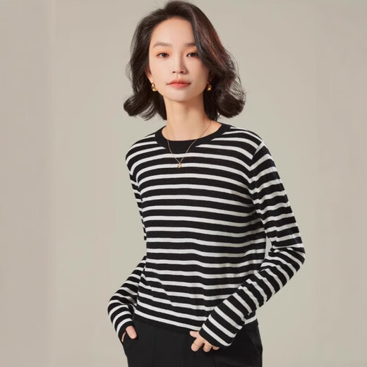 
ROMON (ROMON) sweater for women 2025 spring and autumn 100% worsted pure wool sea soul shirt contrast striped casual and versatile fashion sweater classic black M [recommended 100-120Jin [Jin equals 0.5 kg]]
