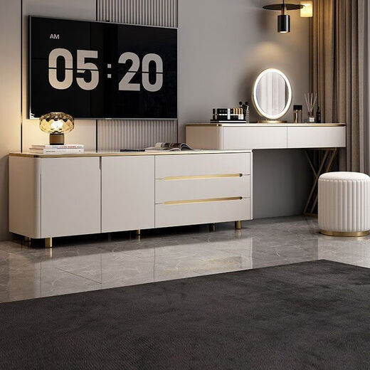 Cradle Rabbit solid wood light luxury slate dresser and drawer integrated bedroom storage cabinet multi-functional small apartment TV Light luxury cream white 1 point 2 lower cabinet + 1 point 2 dressing table + makeup stool + makeup mirror Ultra-new solid wood ecological plate natural double slate plate delivered to home including installation